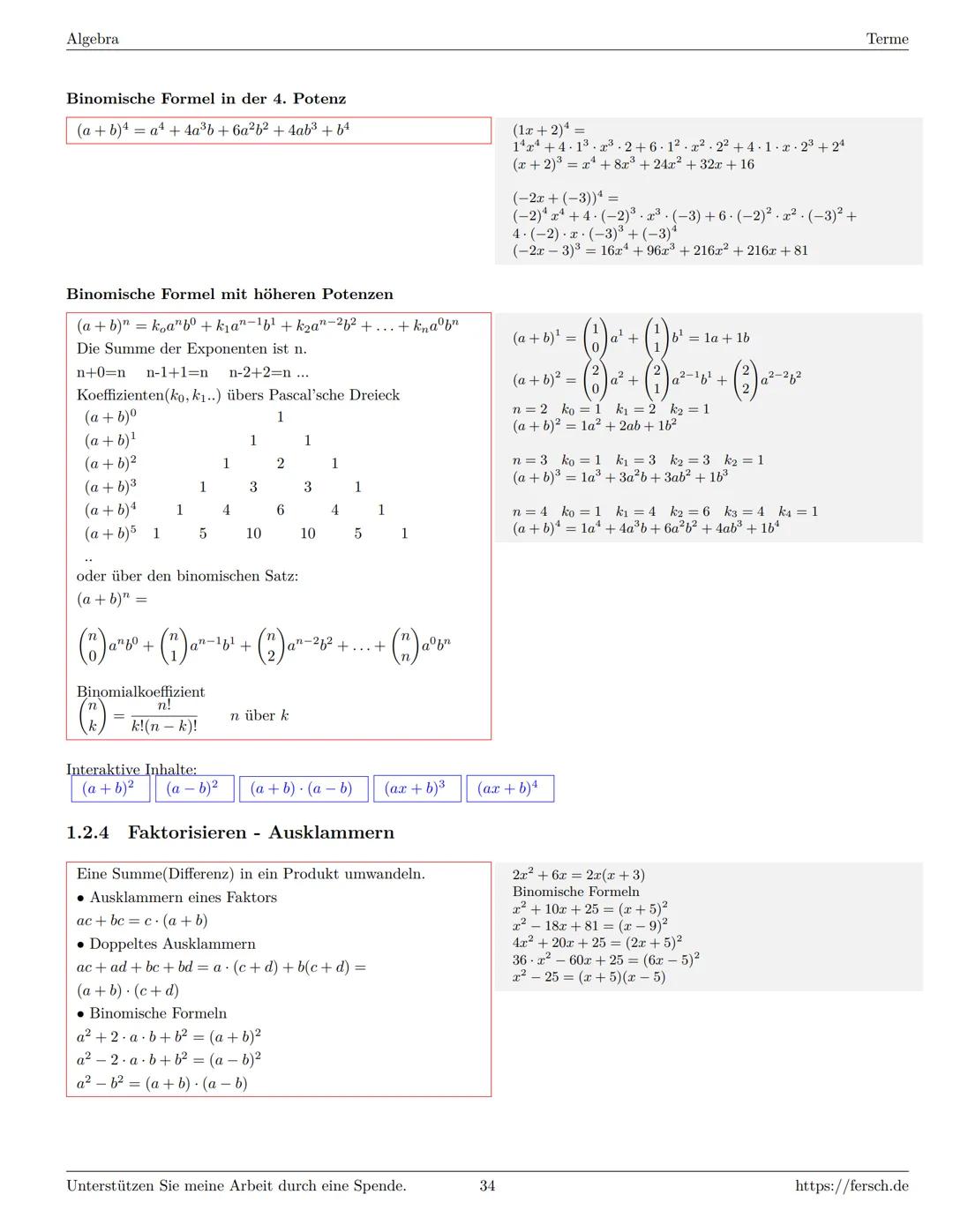 Inhaltsverzeichnis
1 Algebra
1.1 Grundlagen
Formelsammlung Mathematik
1.1.1 Mengen
1.1.2 Mengenoperationen
1.1.3 Zahlenmengen
1.1.4 Primfakt