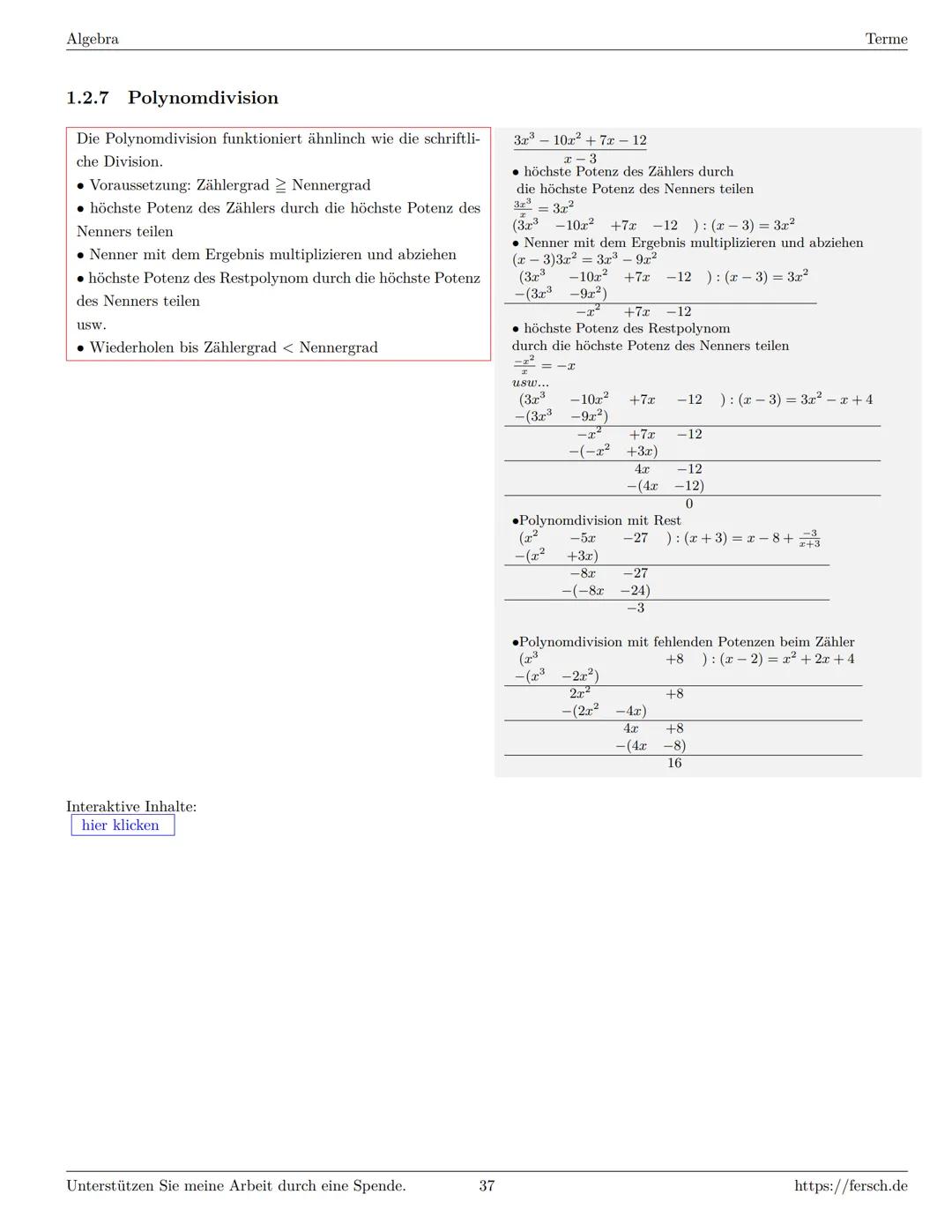 Inhaltsverzeichnis
1 Algebra
1.1 Grundlagen
Formelsammlung Mathematik
1.1.1 Mengen
1.1.2 Mengenoperationen
1.1.3 Zahlenmengen
1.1.4 Primfakt