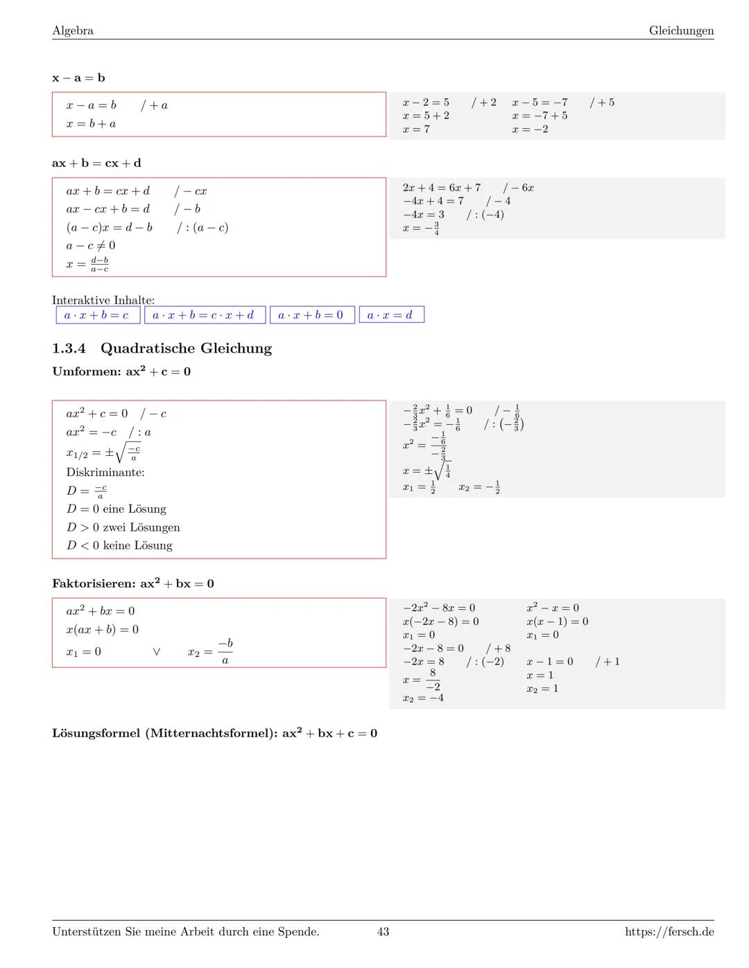 Inhaltsverzeichnis
1 Algebra
1.1 Grundlagen
Formelsammlung Mathematik
1.1.1 Mengen
1.1.2 Mengenoperationen
1.1.3 Zahlenmengen
1.1.4 Primfakt