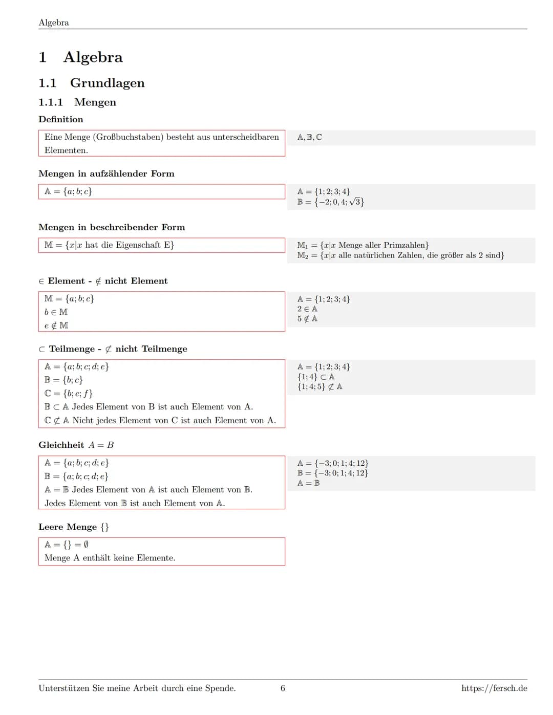 Inhaltsverzeichnis
1 Algebra
1.1 Grundlagen
Formelsammlung Mathematik
1.1.1 Mengen
1.1.2 Mengenoperationen
1.1.3 Zahlenmengen
1.1.4 Primfakt