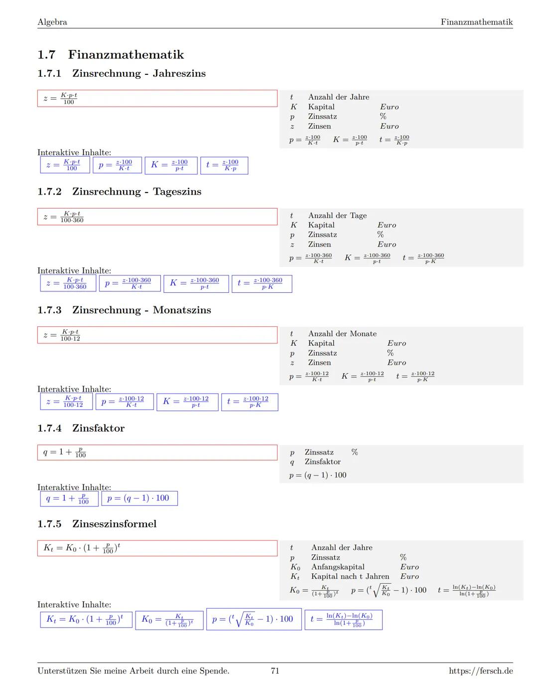 Inhaltsverzeichnis
1 Algebra
1.1 Grundlagen
Formelsammlung Mathematik
1.1.1 Mengen
1.1.2 Mengenoperationen
1.1.3 Zahlenmengen
1.1.4 Primfakt