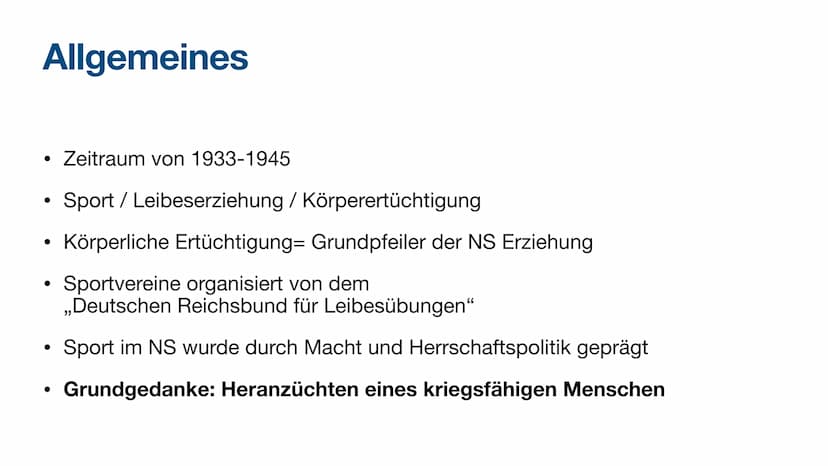 Sport im NS-Staat ,,So muss die Erziehung zu allererst die
körperliche Gesundheit ins Auge fassen und
fördern.
(...)
Erst in zweiter Linie k