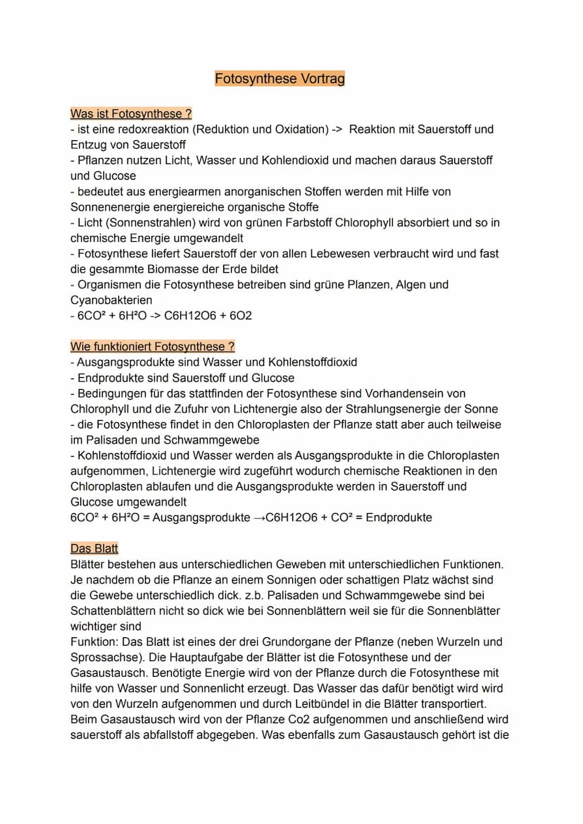 Fotosynthese
Vortrag von Darleen Noah Was ist Fotosynthese?
- ist eine redoxreaktion (Reduktion und Oxidation) -> Reaktion mit Sauerstoff un