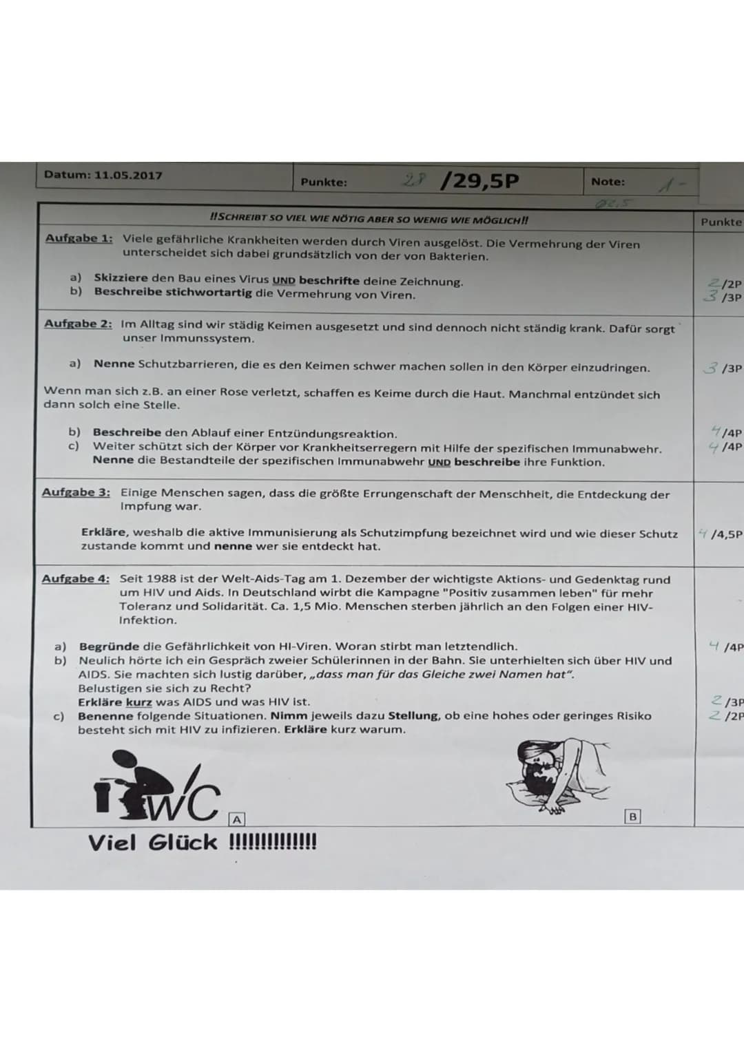Datum: 11.05.2017
Punkte:
23 /29,5P
!!SCHREIBT SO VIEL WIE NÖTIG ABER SO WENIG WIE MÖGLICH!!
Aufgabe 1: Viele gefährliche Krankheiten werden