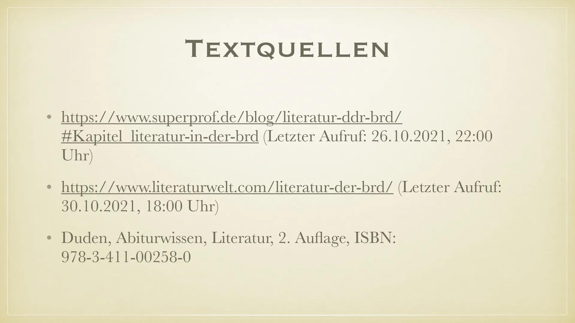 Die Literatur in der BRD (1945-1989)
Historischer Einblick:
: Ende des Zweiten Weltkrieges mit der bedingungslosen Kapitulation
●
Deutschlan