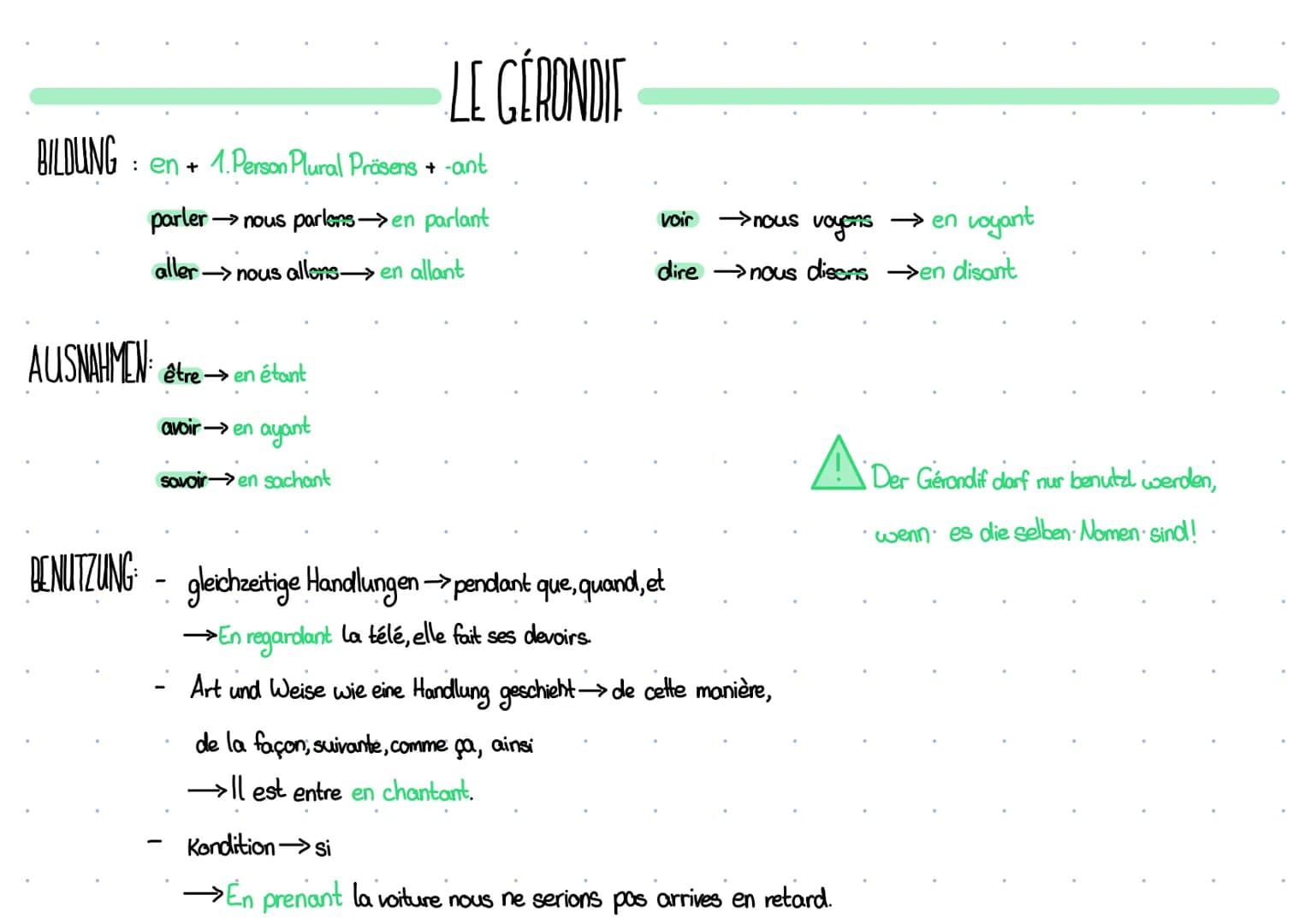 LE GÉRONDIE
BILDUNG : en + 1. Person plural Präsens + -ant
parler →→ nous parlons → en parlant
aller-nous allons en allant
AUSNAHMEN: être e