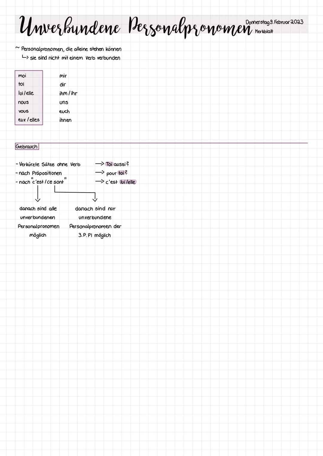 Donnerstag 9. Februar 2023
Unverbundene Personalpronomen
Merkblatt
~Personalpronomen, die alleine stehen können
> sie sind nicht mit einem V
