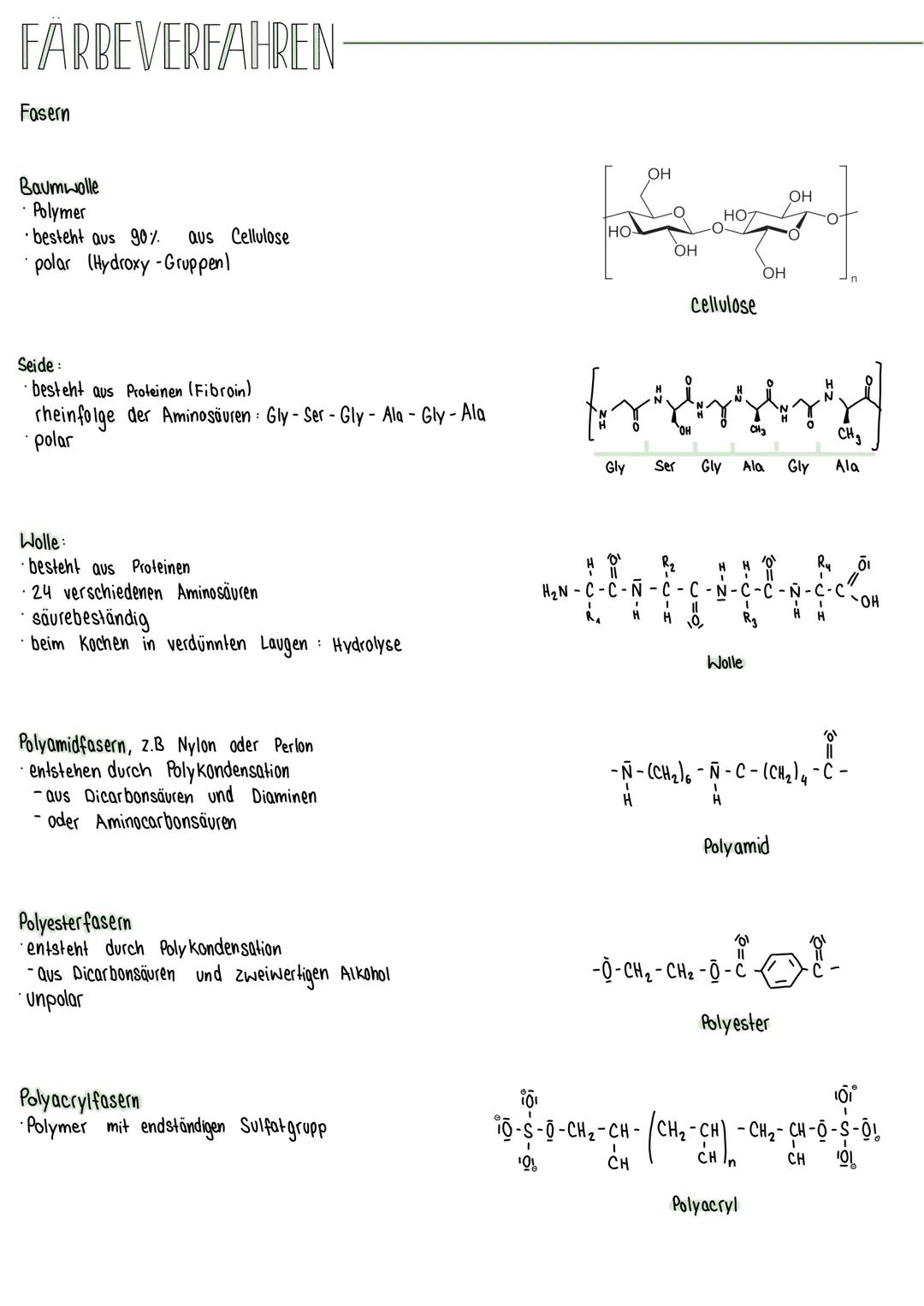 Farbstoffe
Direkt farbstoffe:
•kationische und anionische Farbstoffe
Wolle und Seide direkt einfärben
enthalten noch geladene Amino (-NH₂) u