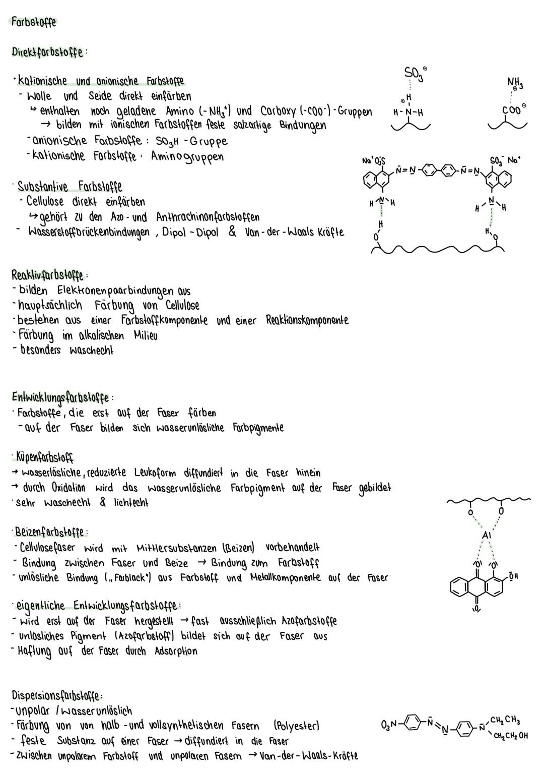 Farbstoffe
Direkt farbstoffe:
•kationische und anionische Farbstoffe
Wolle und Seide direkt einfärben
enthalten noch geladene Amino (-NH₂) u