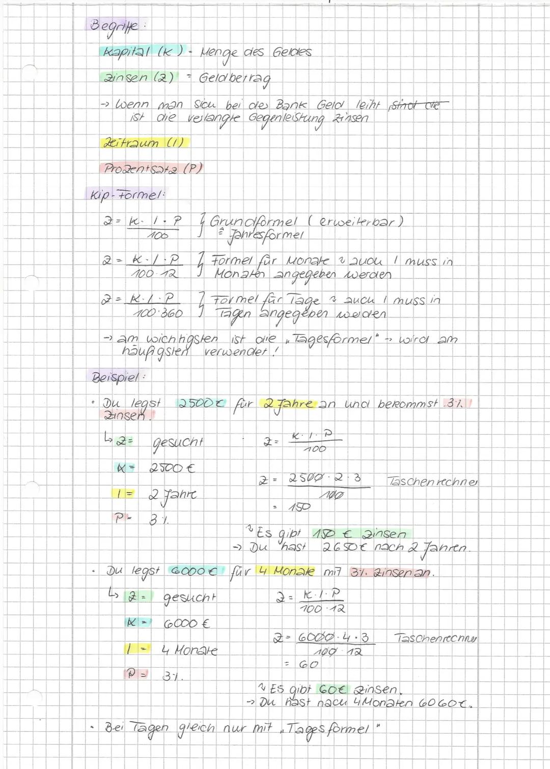 Begrife

kapital (k). Menge des Geldes

Zinsen (2) Geldberrag

→wenn man sich bei de Bank Geld leiht Stinod che
ist die veslangre Gegenleist