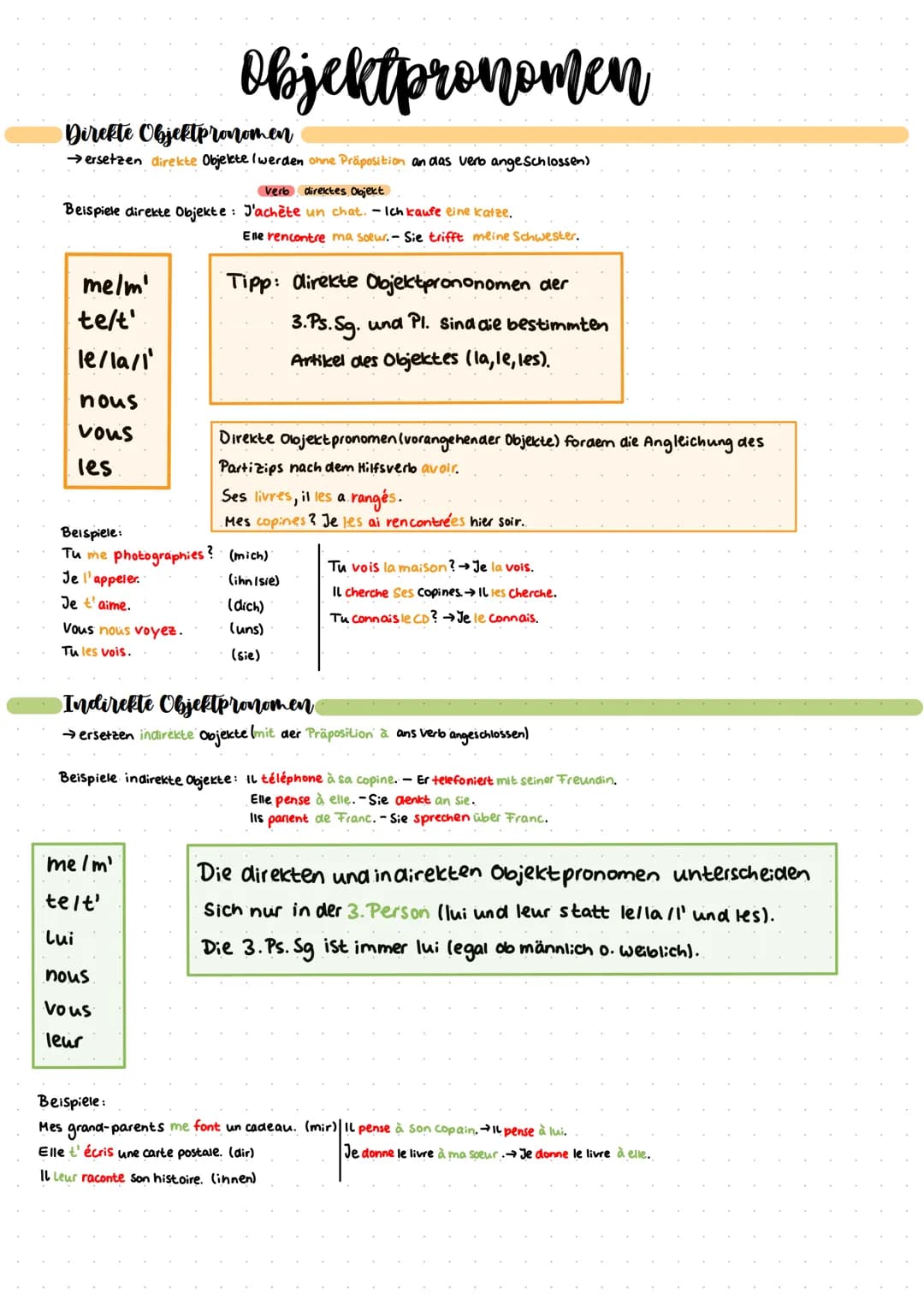 Direkte Objektpronomen
→ ersetzen direkte Objekte ( werden ohne Präposition an das verb ange Schlossen)
verb direktes Objekt
Beispiele direk