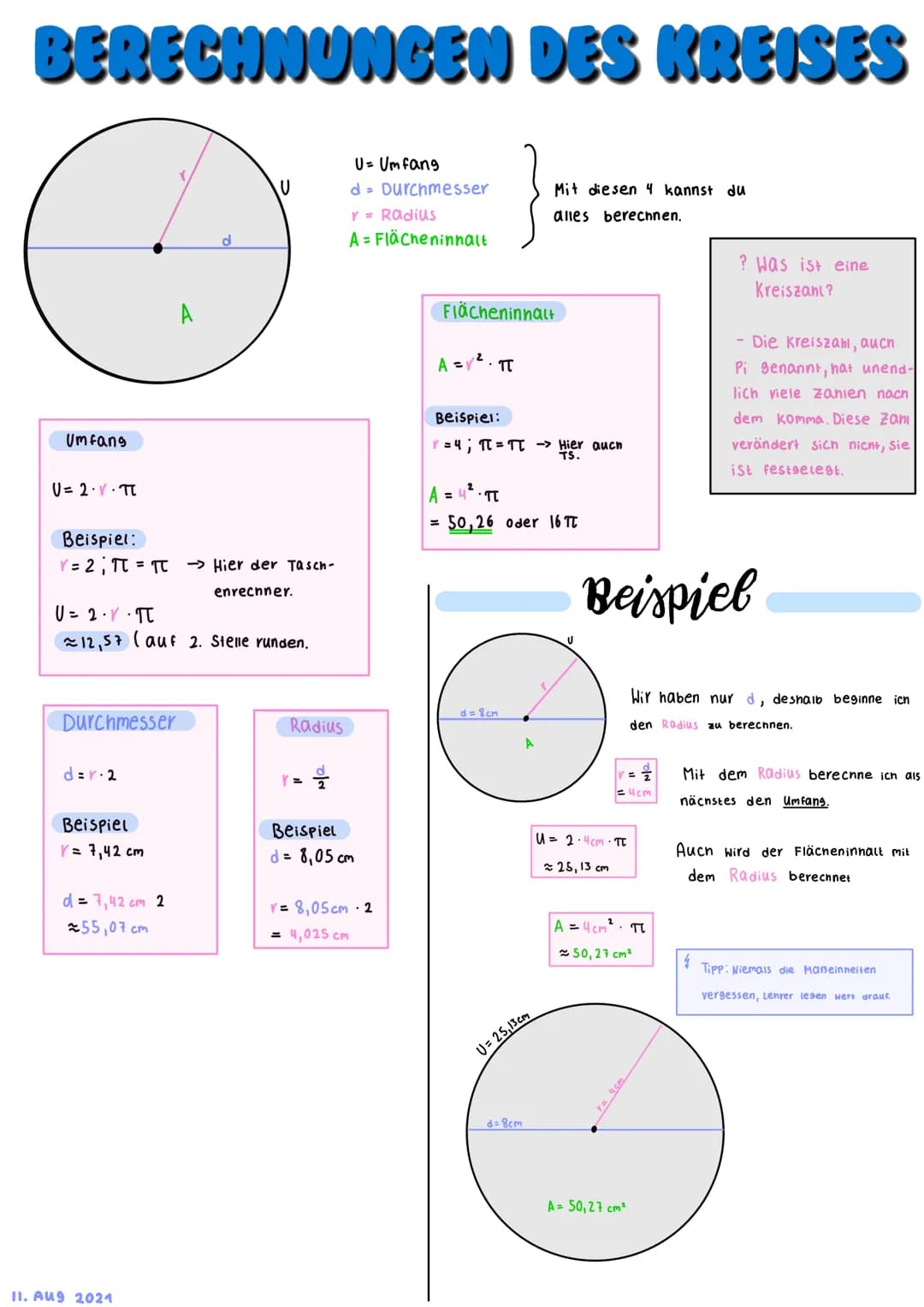 BERECHNUNGEN DES KREISES
Umfang
0 = 2 . ( . TI
0 = 2 -7 -TT
Beispiel:
Y=2; π = π Hier der Tasch-
enrechner.
Durchmesser
12,57 (auf 2. Stelle