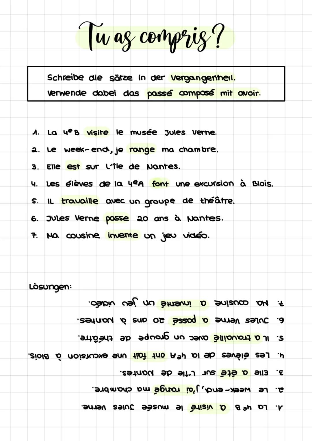 j'
tu
il
elle
on
IL a voyage.
Elle a gagné un prix.
Il a fait du théâtre.
nous
vous
ils
elles
Le passé composé avec avoir
}
visiter (besuche