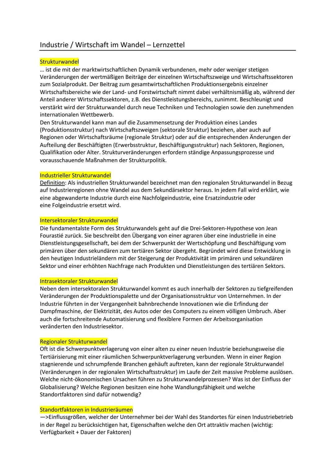 Industrie / Wirtschaft im Wandel - Lernzettel
Strukturwandel
... ist die mit der marktwirtschaftlichen Dynamik verbundenen, mehr oder wenige