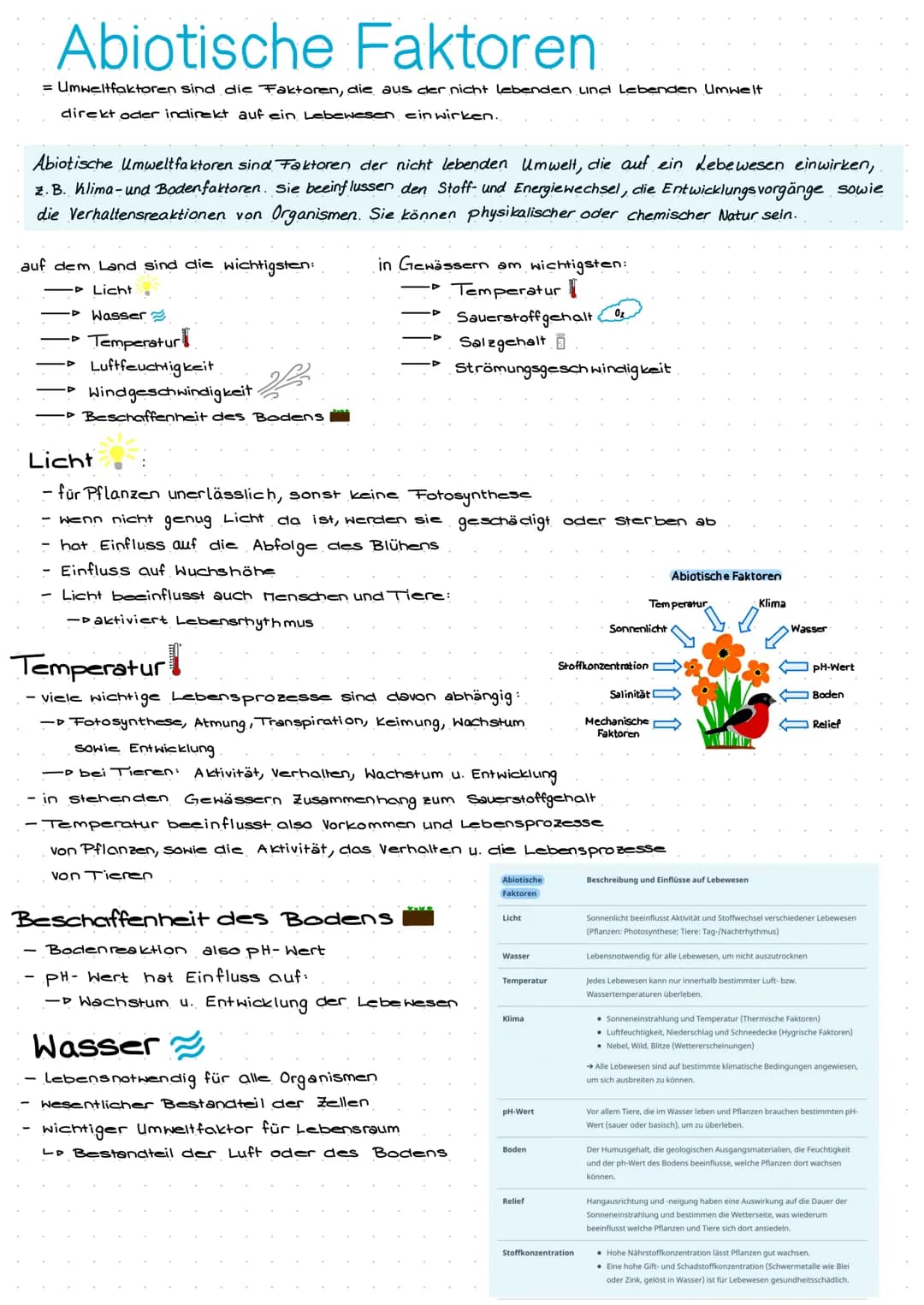 Abiotische Faktoren
= Umweltfaktoren sind die Faktoren, die aus der nicht lebenden und Lebenden Umwelt
direkt oder indirekt auf ein Lebewese