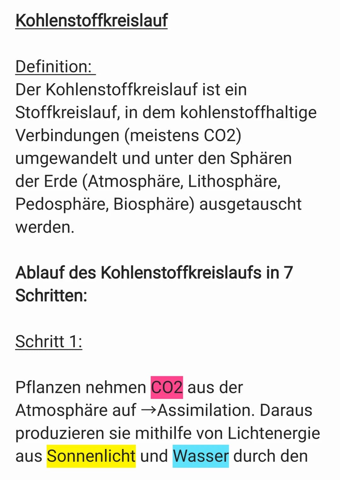Kohlenstoffkreislauf
Definition:
Der Kohlenstoffkreislauf ist ein
Stoffkreislauf, in dem kohlenstoffhaltige
Verbindungen (meistens CO2)
umge