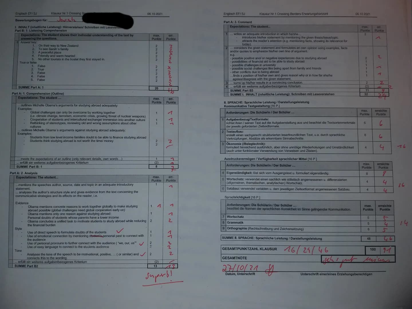 Englisch EF G4
SJ
1. Outline the reasons Michelle Obama gives for and against studying abroad.
(Comprehension) (8 Punkte)
2. Analyse how Mic