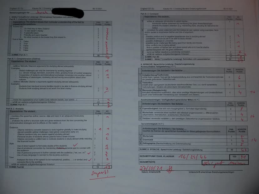 Englisch EF G4
SJ
1. Outline the reasons Michelle Obama gives for and against studying abroad.
(Comprehension) (8 Punkte)
2. Analyse how Mic