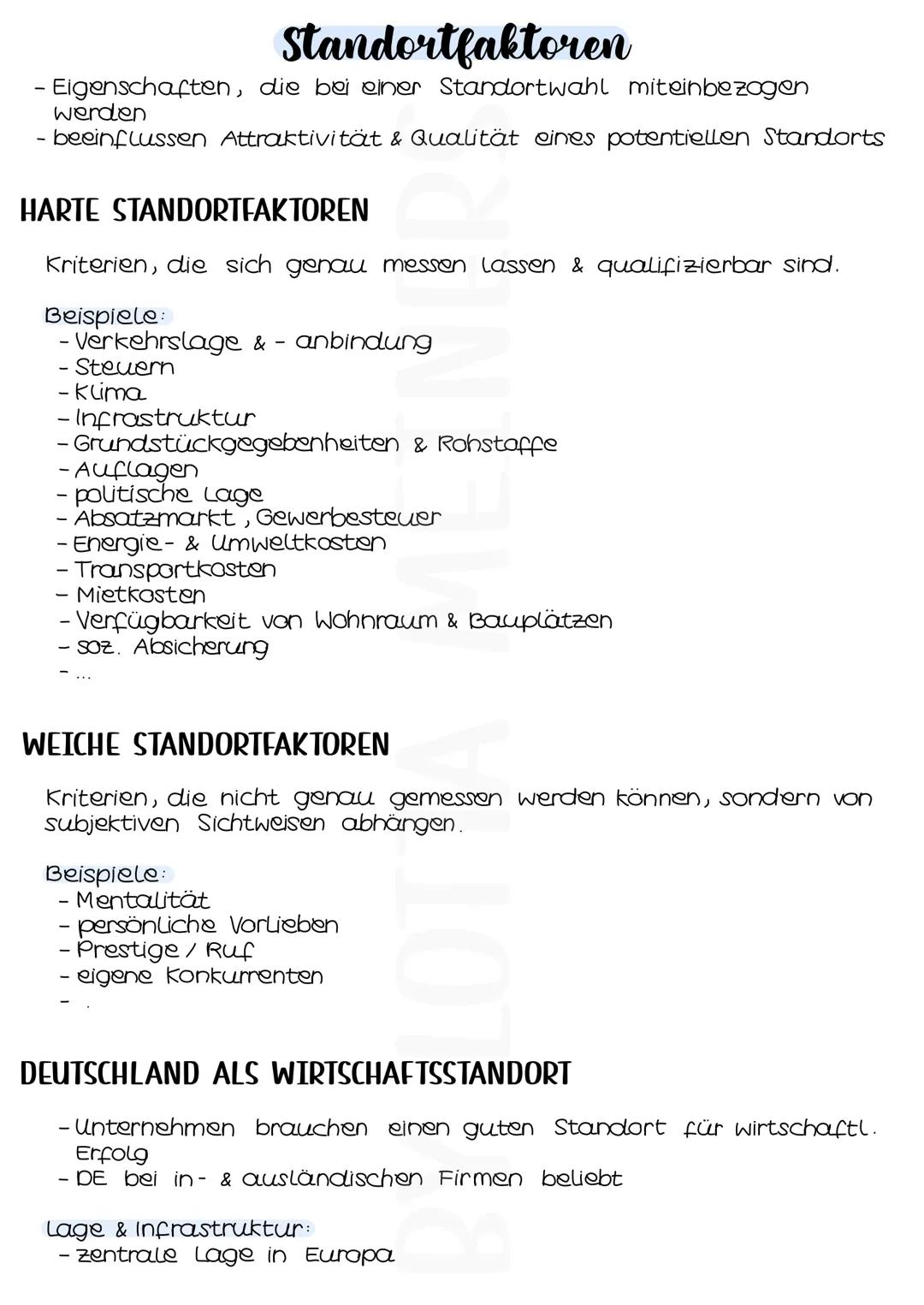 # Standortfaktoren

- Eigenschaften, die bei einer Standortwahl miteinbezogen
werden
- beeinflussen Attraktivität & Qualität eines potentiel
