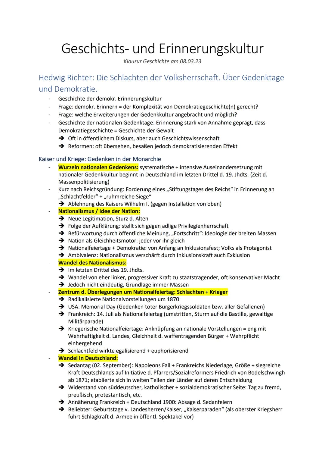 Geschichts- und Erinnerungskultur
Klausur Geschichte am 08.03.23
Hedwig Richter: Die Schlachten der Volksherrschaft. Über Gedenktage
und Dem
