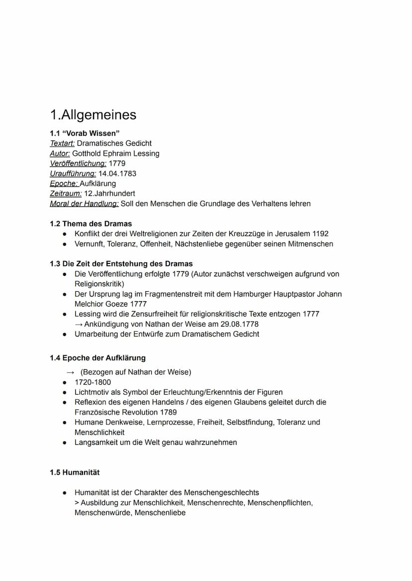 Nathan der Weise
Inhaltsverzeichnis:
1. Allgemeines zum Drama
1.1 Textart/ Autor/ Veröffentlichung/ Uraufführung/ Epoche/ Zeitraum/
Handlung