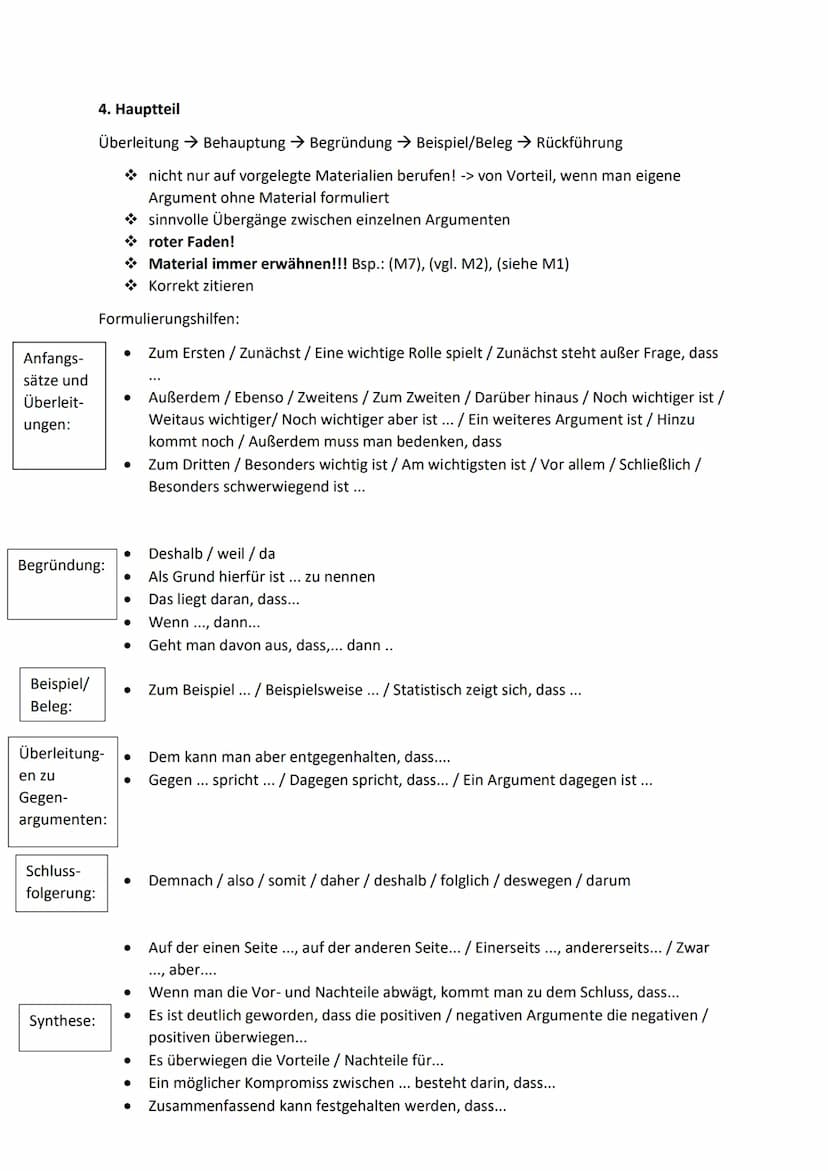 Zusammenfassung: Materialgestützte Erörterung
1. Evtl. Stoffsammlung mit Material (+ eigene Gedanken) erstellen.
2. Gliederung:
A) Einleitun