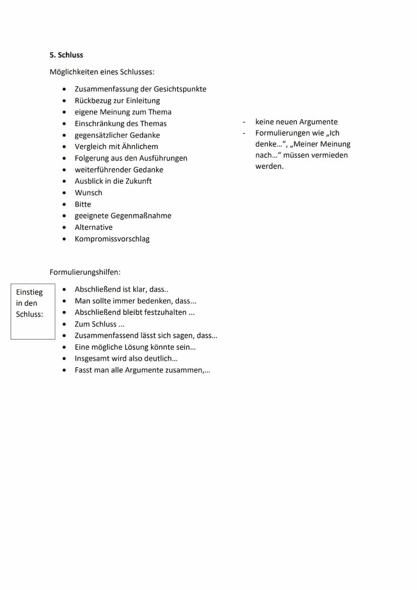 Zusammenfassung: Materialgestützte Erörterung
1. Evtl. Stoffsammlung mit Material (+ eigene Gedanken) erstellen.
2. Gliederung:
A) Einleitun
