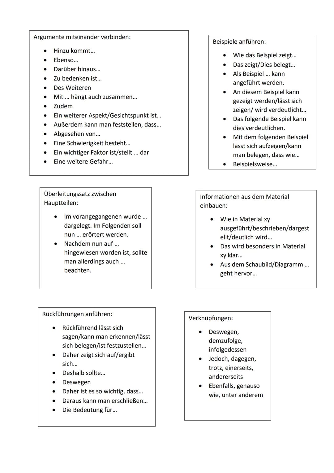 Zusammenfassung: Materialgestützte Erörterung
1. Evtl. Stoffsammlung mit Material (+ eigene Gedanken) erstellen.
2. Gliederung:
A) Einleitun