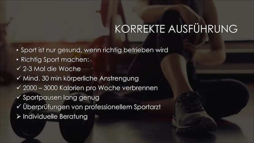 SPORT UND GESUNDHEIT 1. Allgemeine Informationen
2. Anpassungsvorgang des Körpers
3. Korrekte Ausführung
4. Auswirkungen
●
INHALT
Positive
N