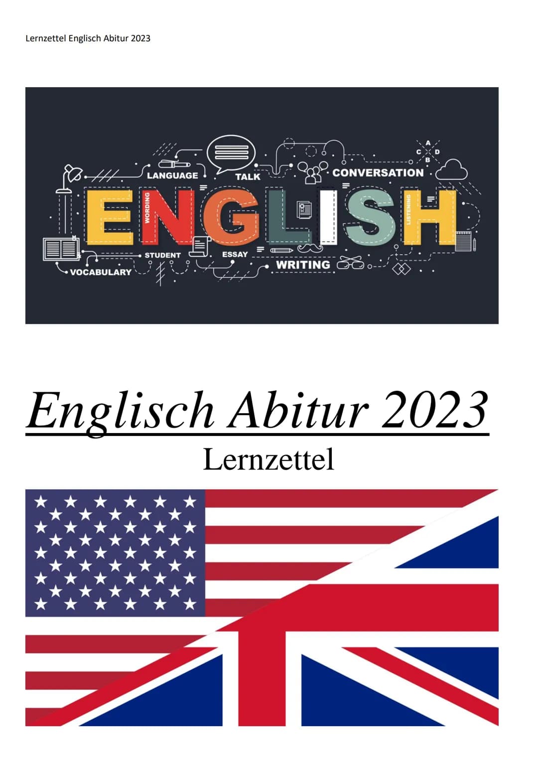 Lernzettel Englisch Abitur 2023
·mo
TALK
ENGLISH
8.HH.''S
VOCABULARY
LANGUAGE
STUDENT
ESSAY
=
WRITING
CONVERSATION
Englisch Abitur 2023
Lern