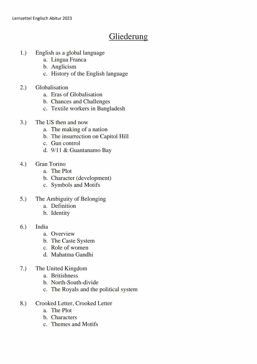 Lernzettel Englisch Abitur 2023
·mo
TALK
ENGLISH
8.HH.''S
VOCABULARY
LANGUAGE
STUDENT
ESSAY
=
WRITING
CONVERSATION
Englisch Abitur 2023
Lern