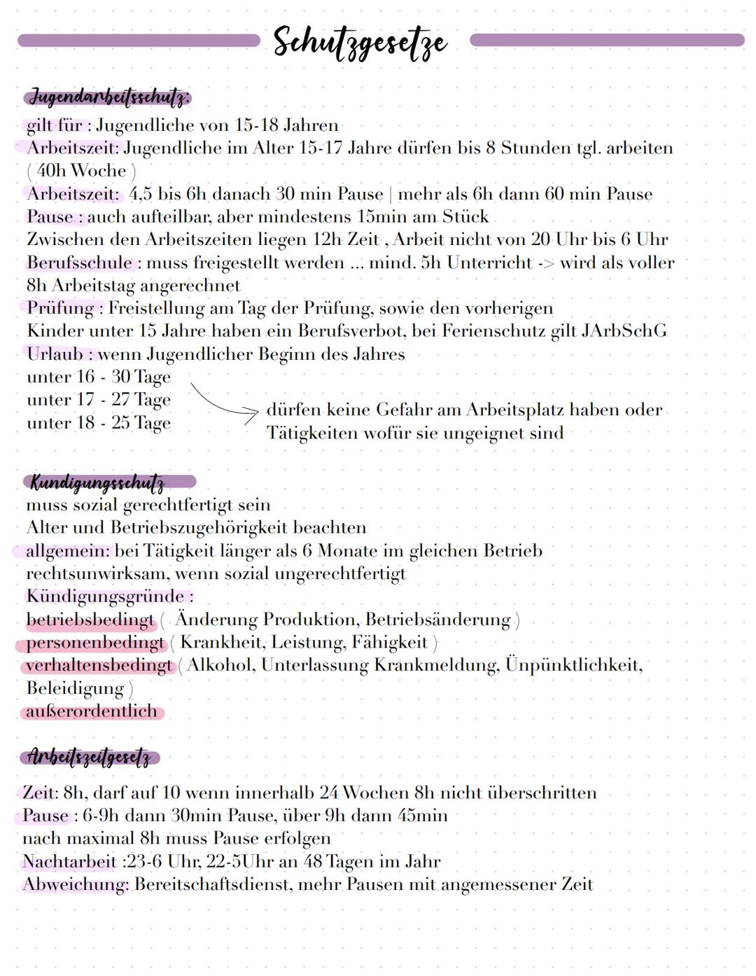 # Schutzgesetze

Jugendarbeitsschutz:

gilt für: Jugendliche von 15-18 Jahren
Arbeitszeit: Jugendliche im Alter 15-17 Jahre dürfen bis 8 Stu