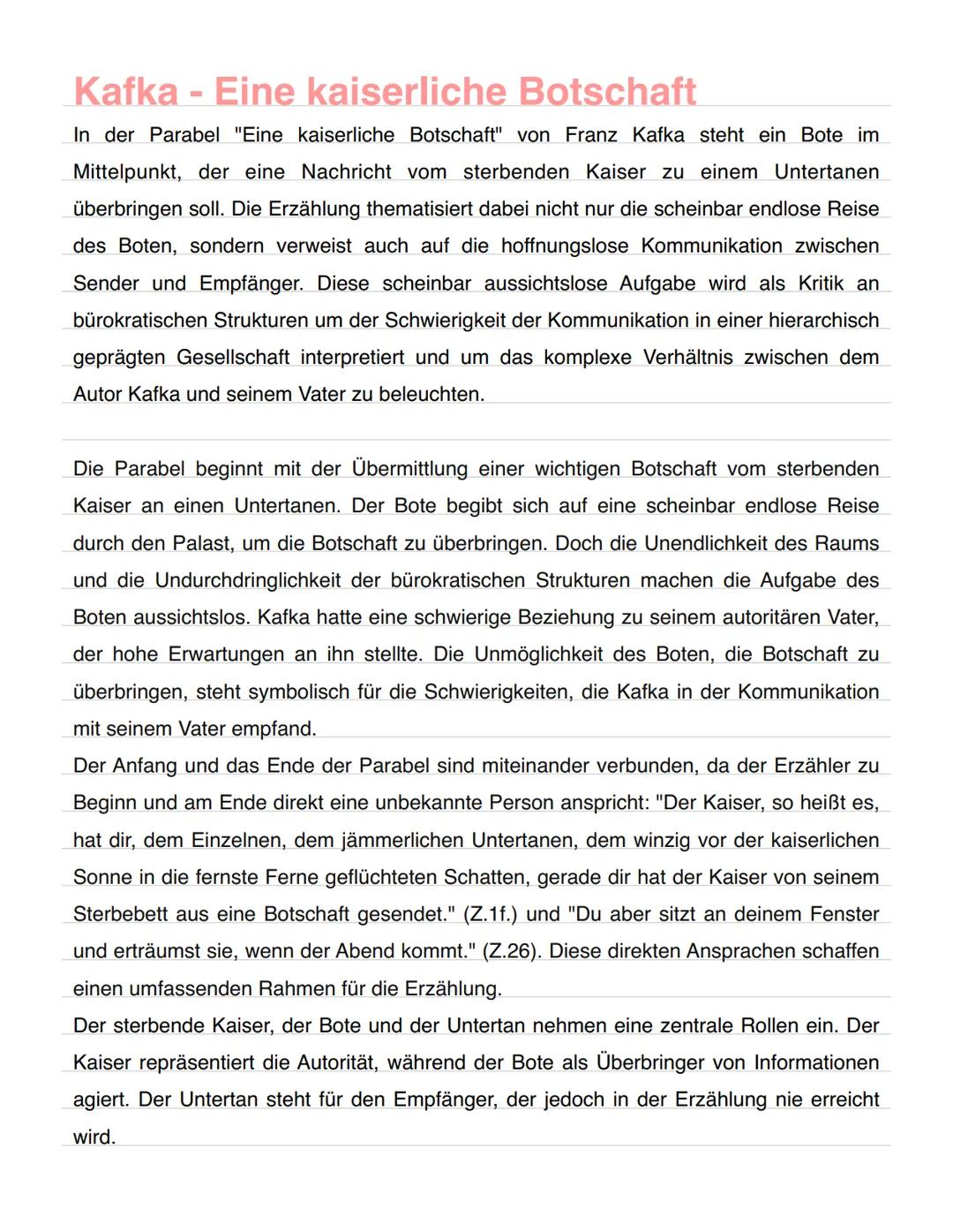 # Kafka - Eine kaiserliche Botschaft

In der Parabel "Eine kaiserliche Botschaft" von Franz Kafka steht ein Bote im
Mittelpunkt, der eine Na