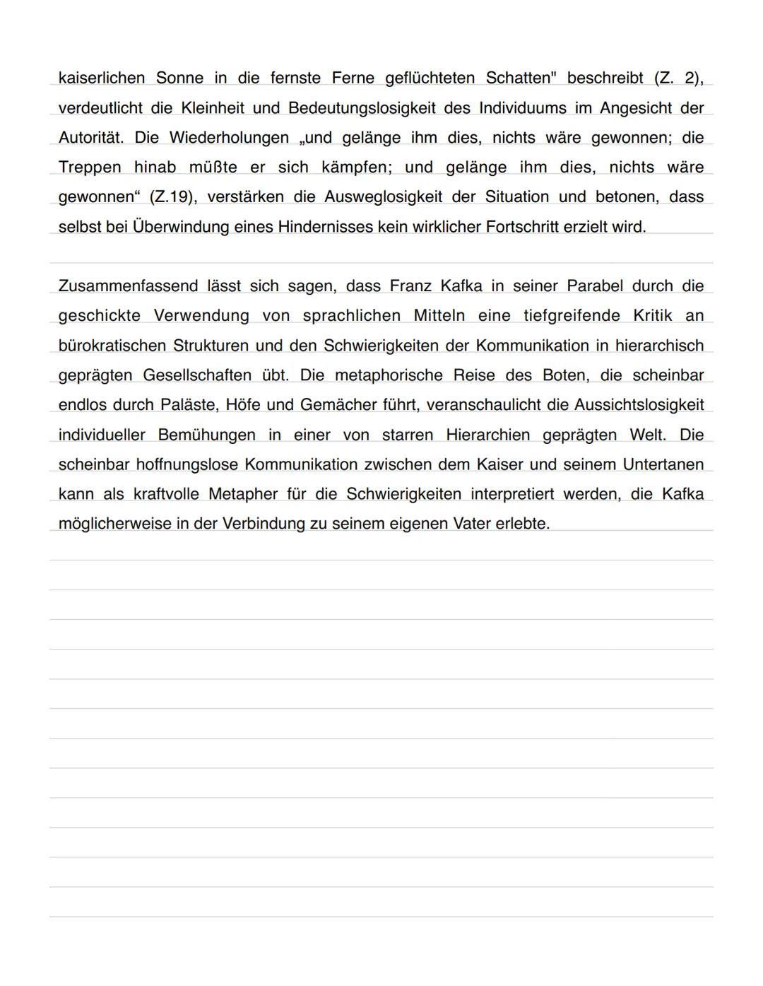 # Kafka - Eine kaiserliche Botschaft

In der Parabel "Eine kaiserliche Botschaft" von Franz Kafka steht ein Bote im
Mittelpunkt, der eine Na