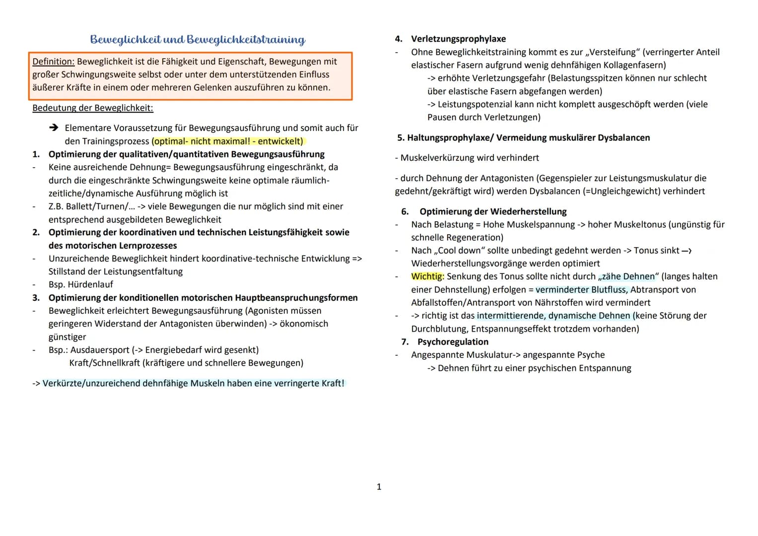 Beweglichkeit und Beweglichkeitstraining
Definition: Beweglichkeit ist die Fähigkeit und Eigenschaft, Bewegungen mit
großer Schwingungsweite