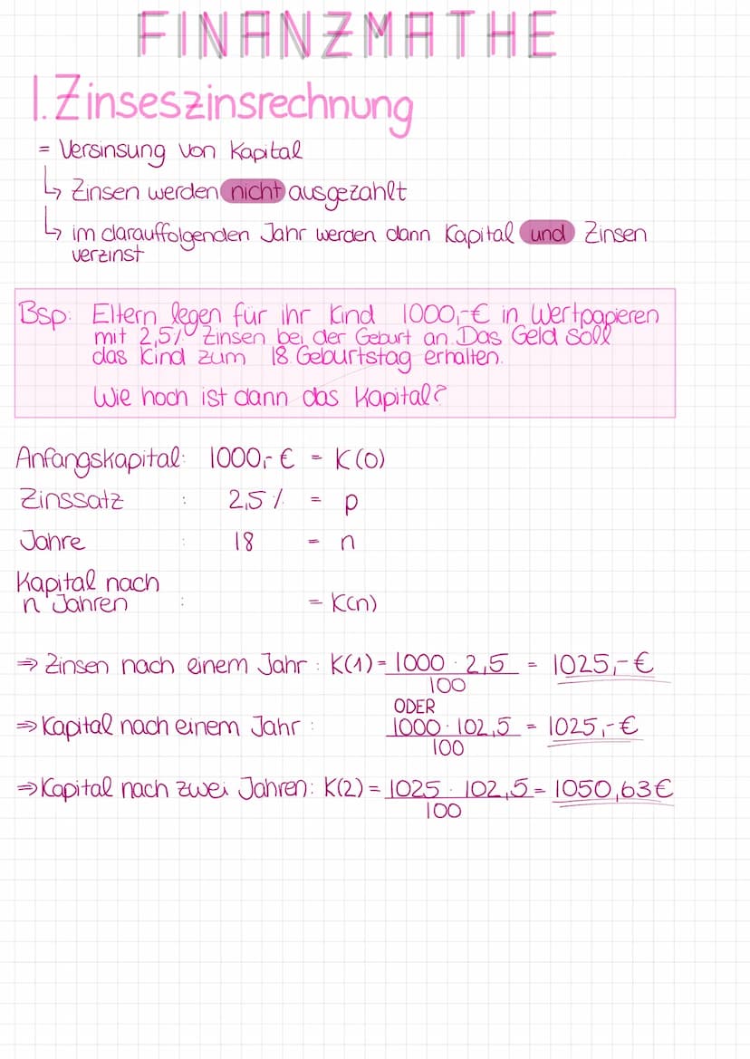 Formelsammlung
Berechnung des End capitals:
K(n) = K (0) q^
Berechnung des Anfangskapitals:
K(0) = K(n)
qn
Berechnung des Zinssatzes:
q= K(n
