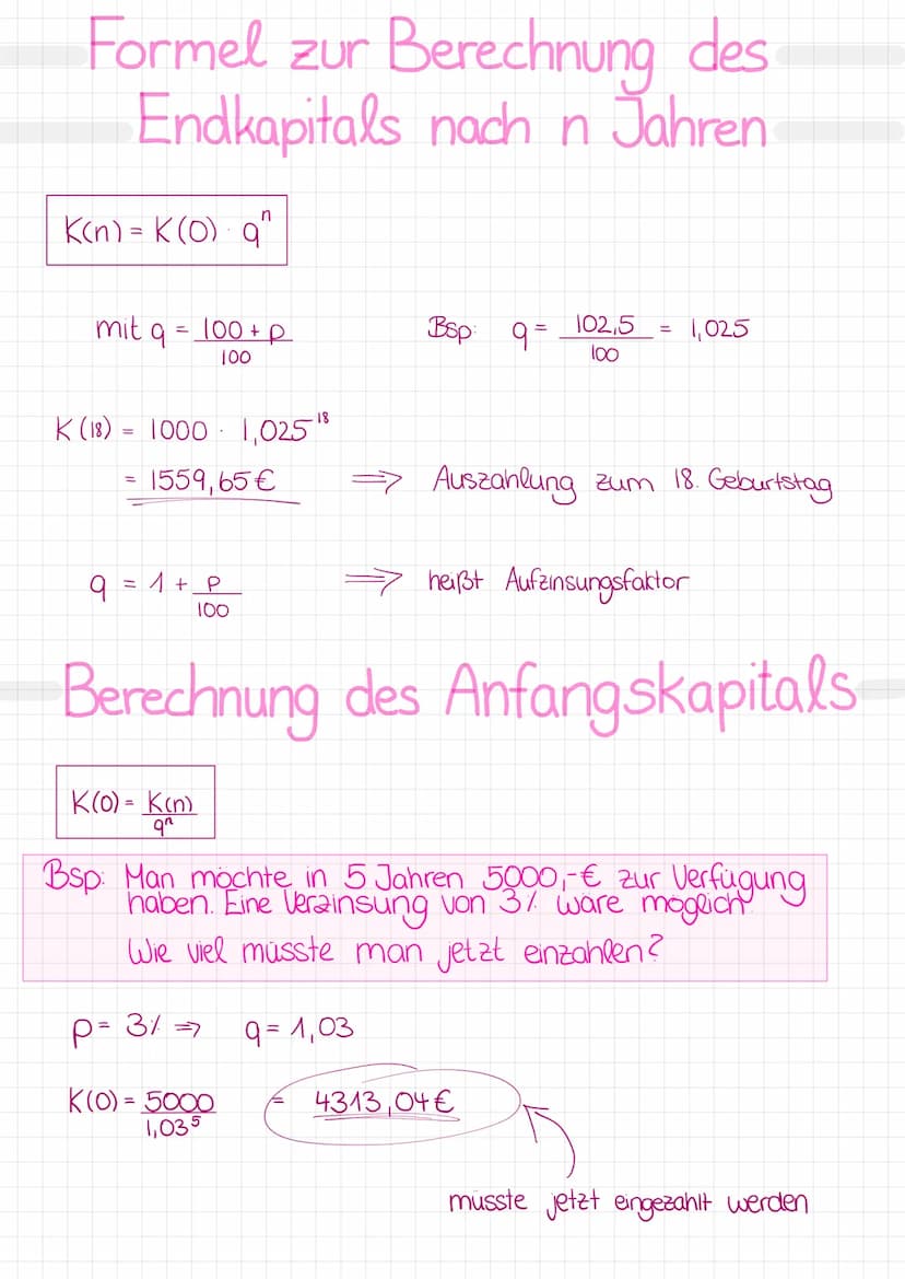 Formelsammlung
Berechnung des End capitals:
K(n) = K (0) q^
Berechnung des Anfangskapitals:
K(0) = K(n)
qn
Berechnung des Zinssatzes:
q= K(n