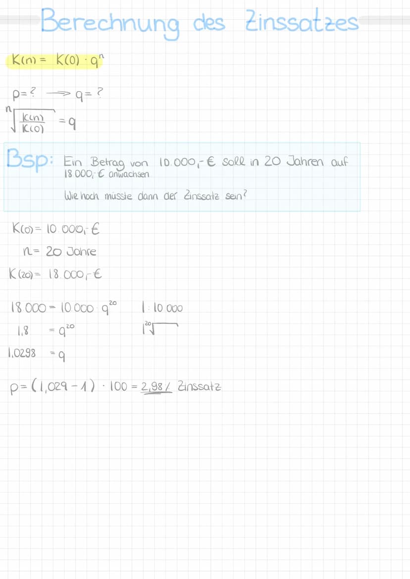 Formelsammlung
Berechnung des End capitals:
K(n) = K (0) q^
Berechnung des Anfangskapitals:
K(0) = K(n)
qn
Berechnung des Zinssatzes:
q= K(n