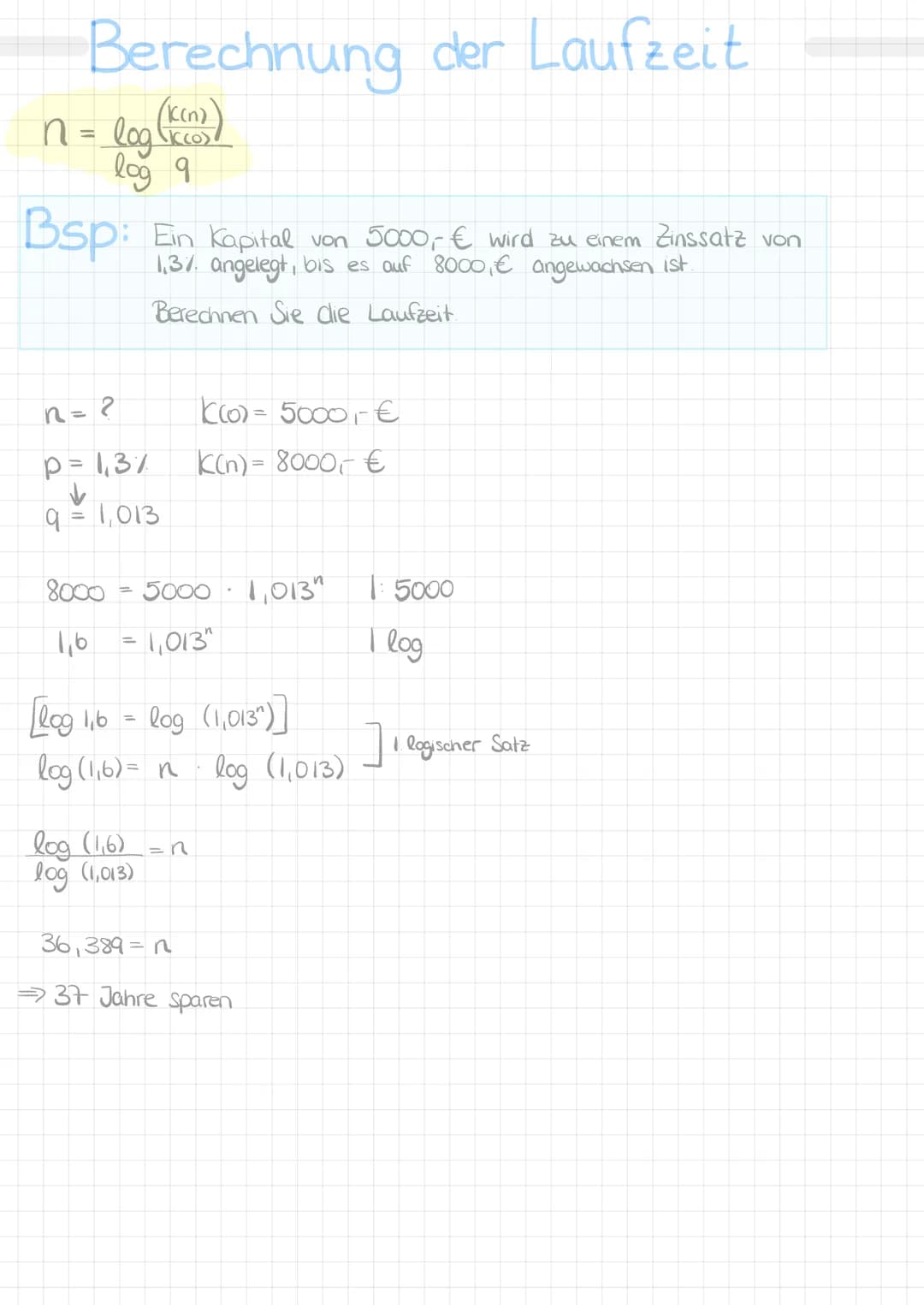 Formelsammlung
Berechnung des End capitals:
K(n) = K (0) q^
Berechnung des Anfangskapitals:
K(0) = K(n)
qn
Berechnung des Zinssatzes:
q= K(n