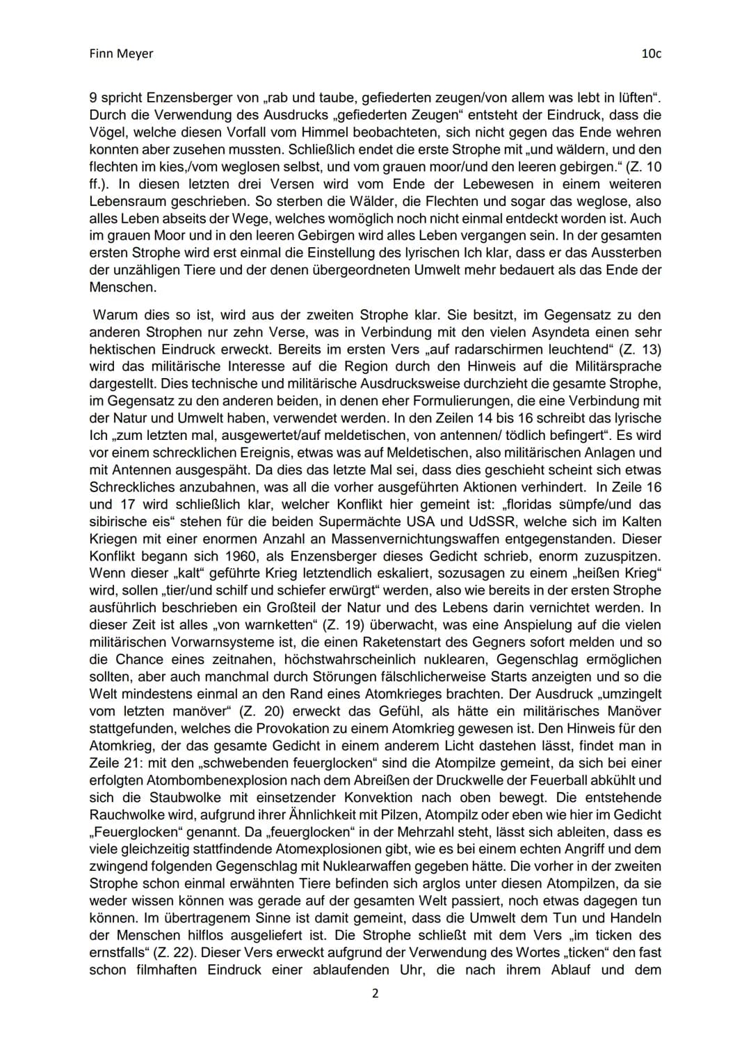 Finn Meyer
2. Aufsatz Deutsch
Gedichtinterpretation „das ende der eulen"
10c
„Der Mensch erfand die Atombombe, doch keine Maus der Welt würd