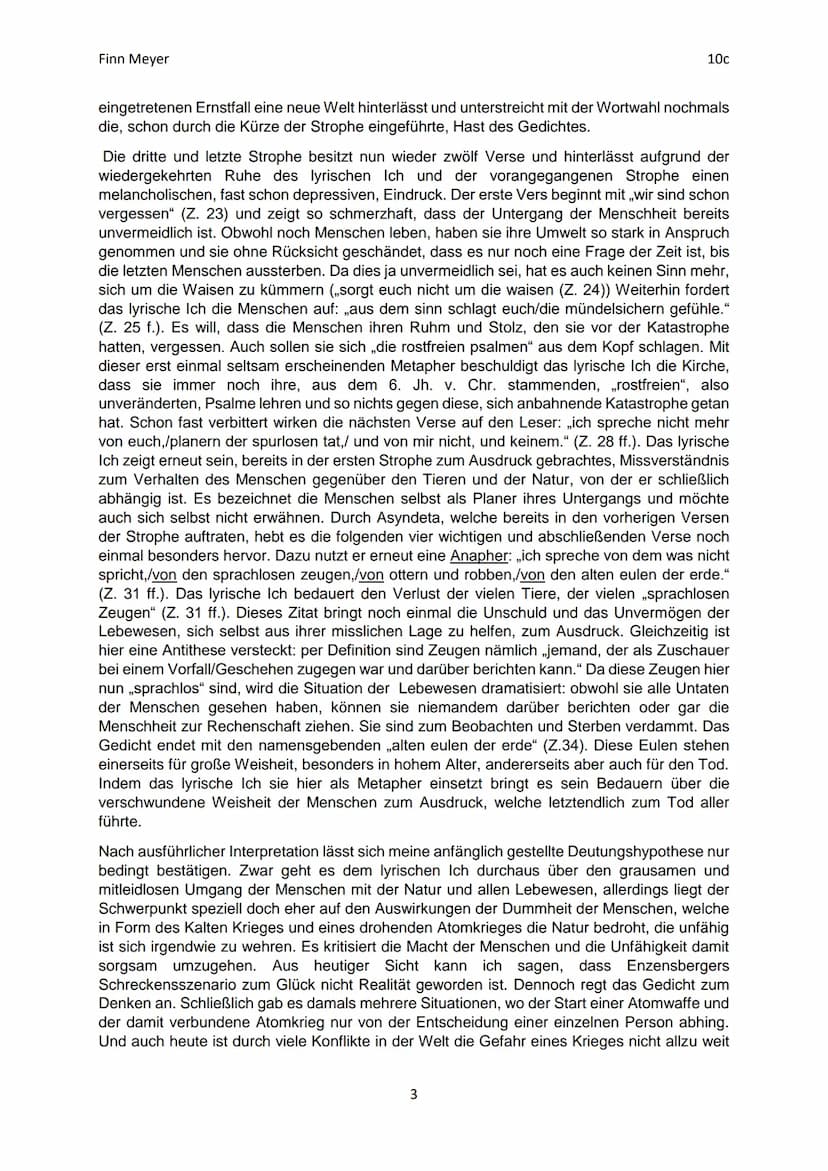 Finn Meyer
2. Aufsatz Deutsch
Gedichtinterpretation „das ende der eulen"
10c
„Der Mensch erfand die Atombombe, doch keine Maus der Welt würd