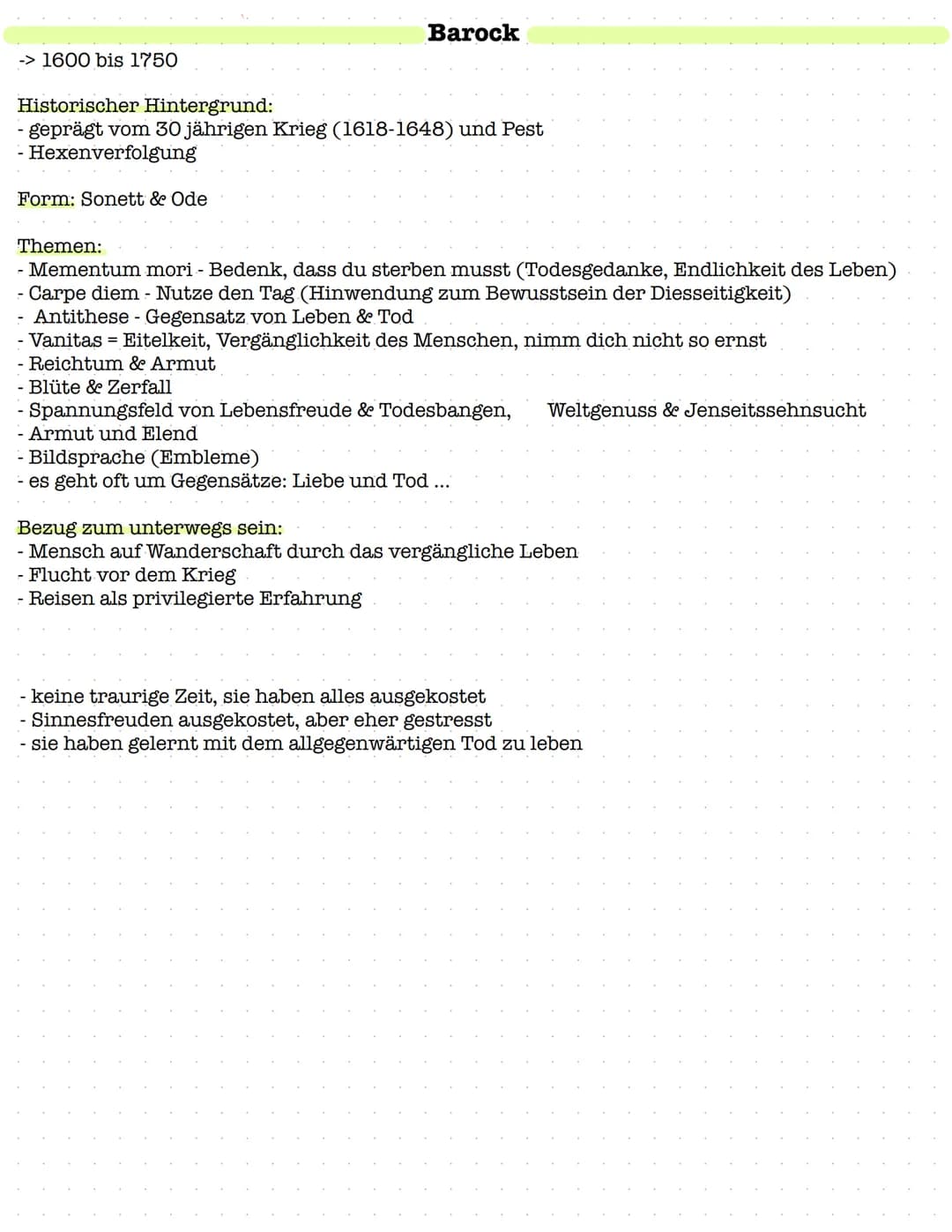 -> 1600 bis 1750
Barock
Historischer Hintergrund:
geprägt vom 30 jährigen Krieg (1618-1648) und Pest
- Hexenverfolgung
Form: Sonett & Ode
Th
