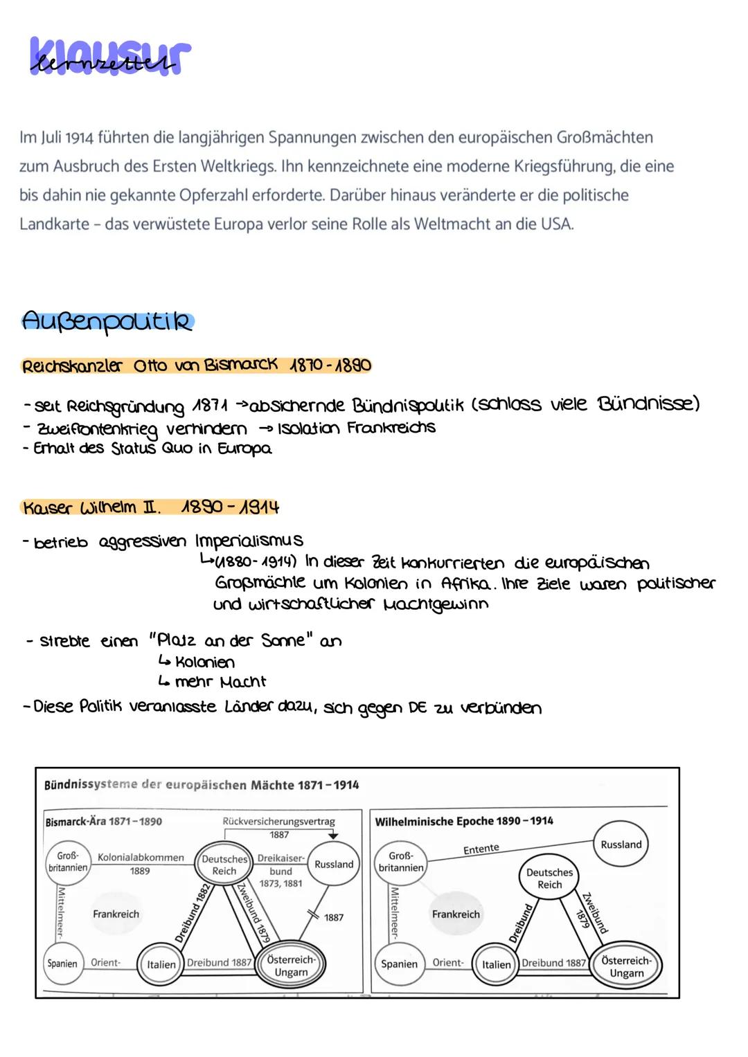 # Klausur

Im Juli 1914 führten die langjährigen Spannungen zwischen den europäischen Großmächten
zum Ausbruch des Ersten Weltkriegs. Ihn ke