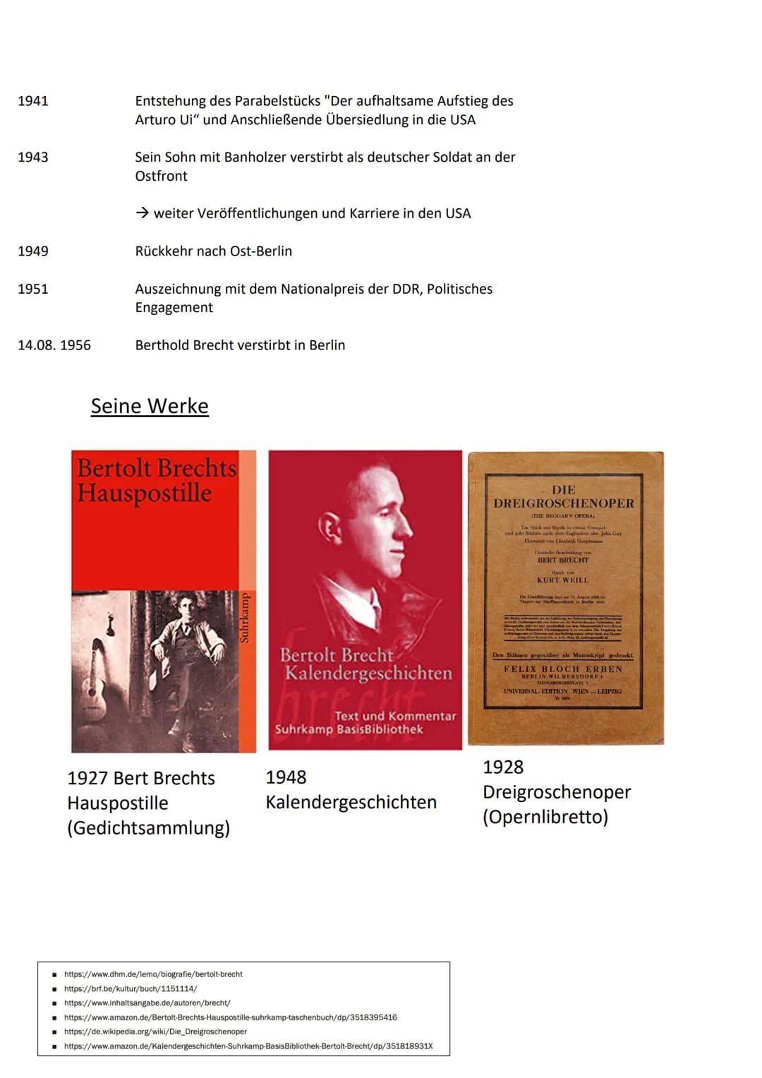 BERTHOLD BRECHT 10.02 1898
1916
1917
1918
1919
1922
1924
Ab 1927
1928
1929
28.02. 1933
1935
1940
Lebenslauf
Berthold Brecht
Eugen Berthold F