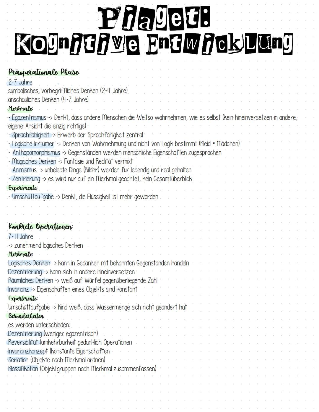 Piaget:
Kognitive Entwicklung
1) Schema Wissens & Verhaltensmuster: Organisation von Objekten und Ereignissen nach logischem Zusammenhang
2)