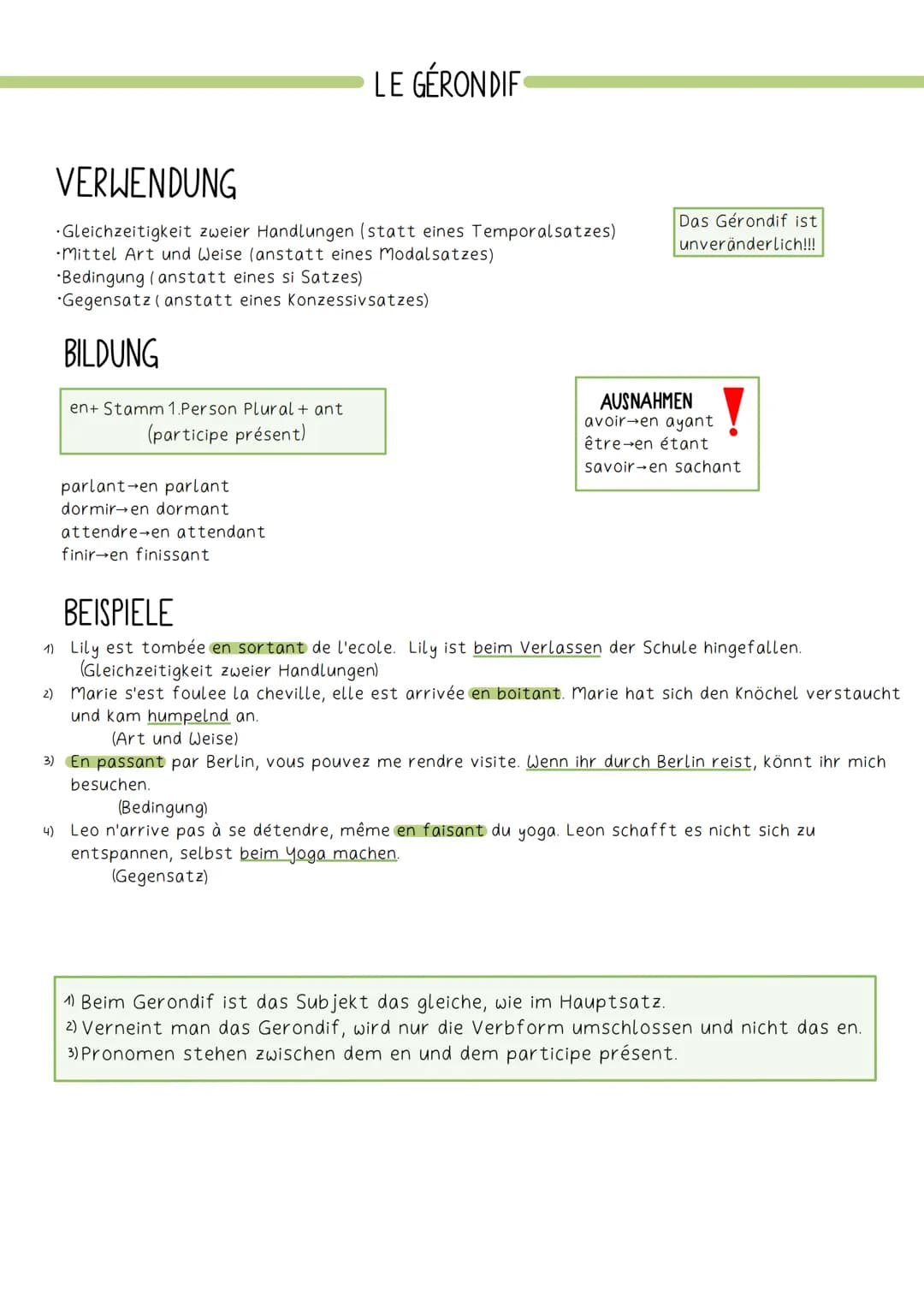VERWENDUNG
Gleichzeitigkeit zweier Handlungen (statt eines Temporalsatzes)
Mittel Art und Weise (anstatt eines Modalsatzes)
LE GÉRONDIF
Bedi