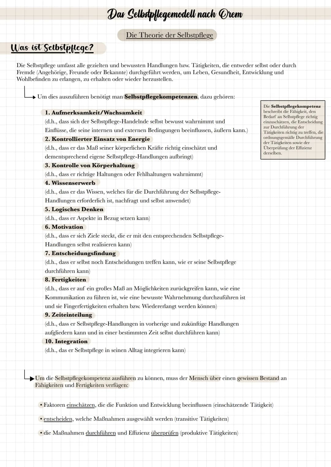 Das Selbstpflegemodell nach Orem
Die Theorie der Selbstpflege
Was ist Selbstpflege?
Die Selbstpflege umfasst alle gezielten und bewussten Ha