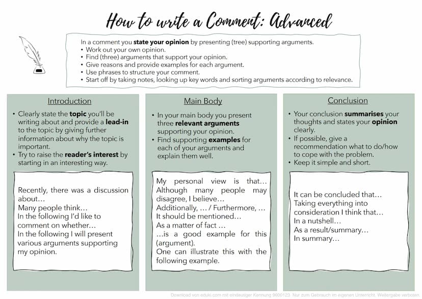 ●
How to write a Comment: Advanced
In a comment you state your opinion by presenting (tree) supporting arguments.
• Work out your own opinio
