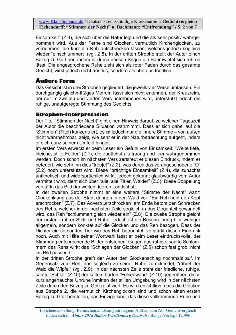 www.KlausSchenck.de / Deutsch / sechsstündige Klassenarbeit: Gedichtvergleich
Eichendorff: "Stimmen der Nacht" u. Bachmann: "Entfremdung" / 