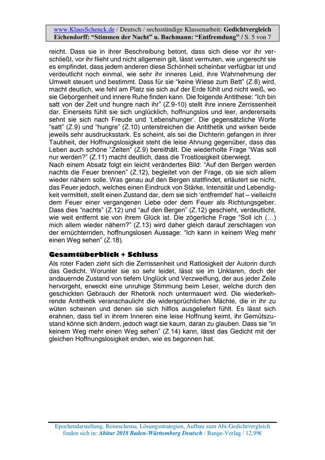 www.KlausSchenck.de / Deutsch / sechsstündige Klassenarbeit: Gedichtvergleich
Eichendorff: "Stimmen der Nacht" u. Bachmann: "Entfremdung" / 